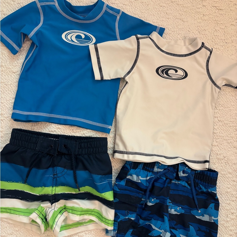 Koala Kids Baby Boy Blue and White Rashguard and Swim Trunks Bundle